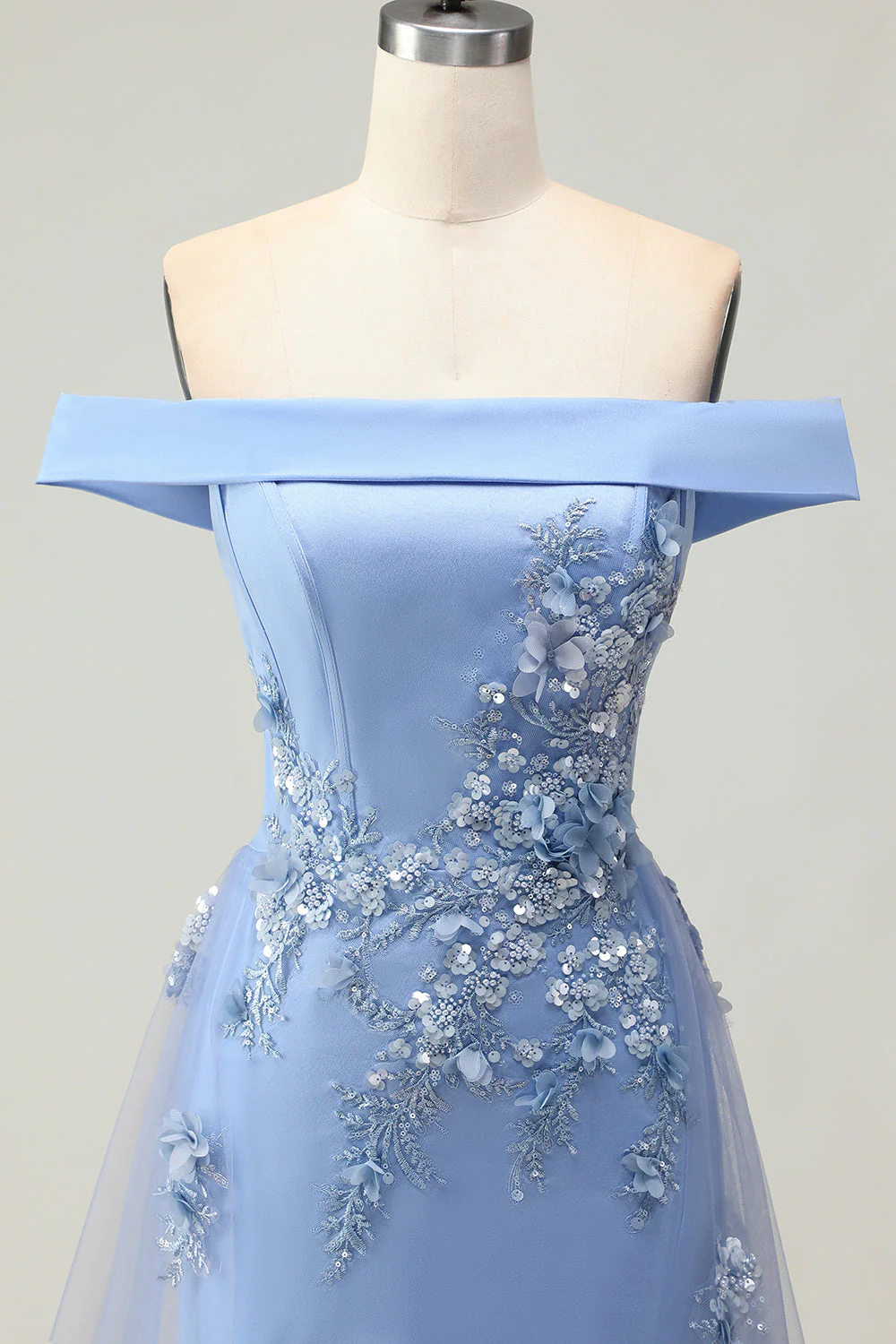 Robe de la mère de la mariée en applique gris-bleu-bleu avec des paillettes - Image 7