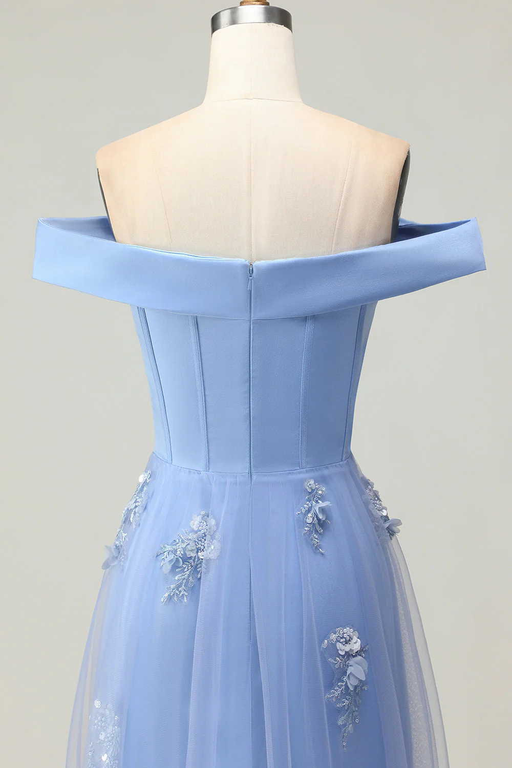 Robe de la mère de la mariée en applique gris-bleu-bleu avec des paillettes - Image 8