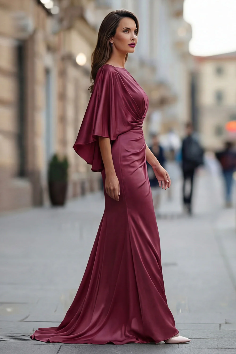 Robe de la mère de la mariée en chiffon bourgogne Sirène à fronçons avec manches - Image 3