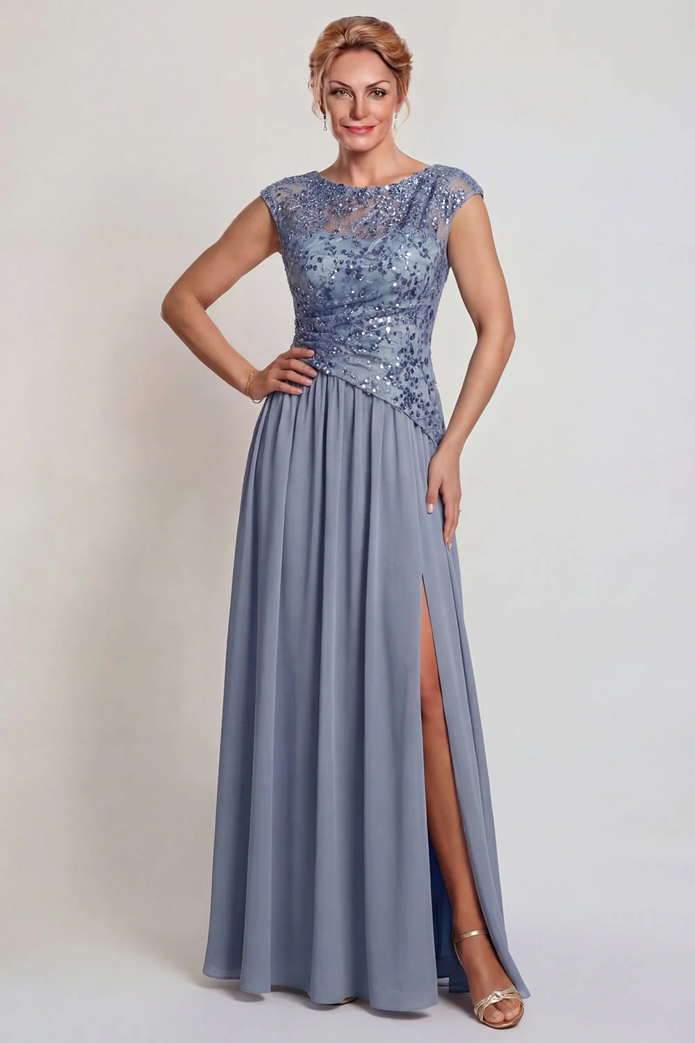 Robe de la mère de la mariée en ligne en A applique, gris bleu scintillant