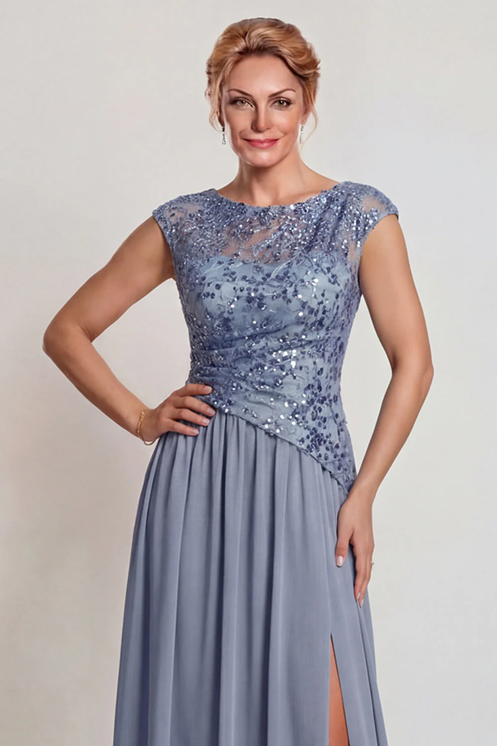 Robe de la mère de la mariée en ligne en A applique, gris bleu scintillant - Image 3