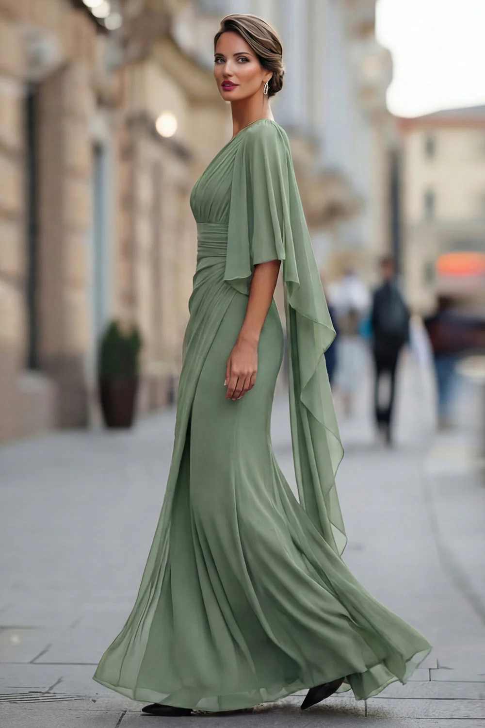 Robe de la mère de la mariée en mousseline en mousseline d’une épaule vert sauge avec manche - Image 10