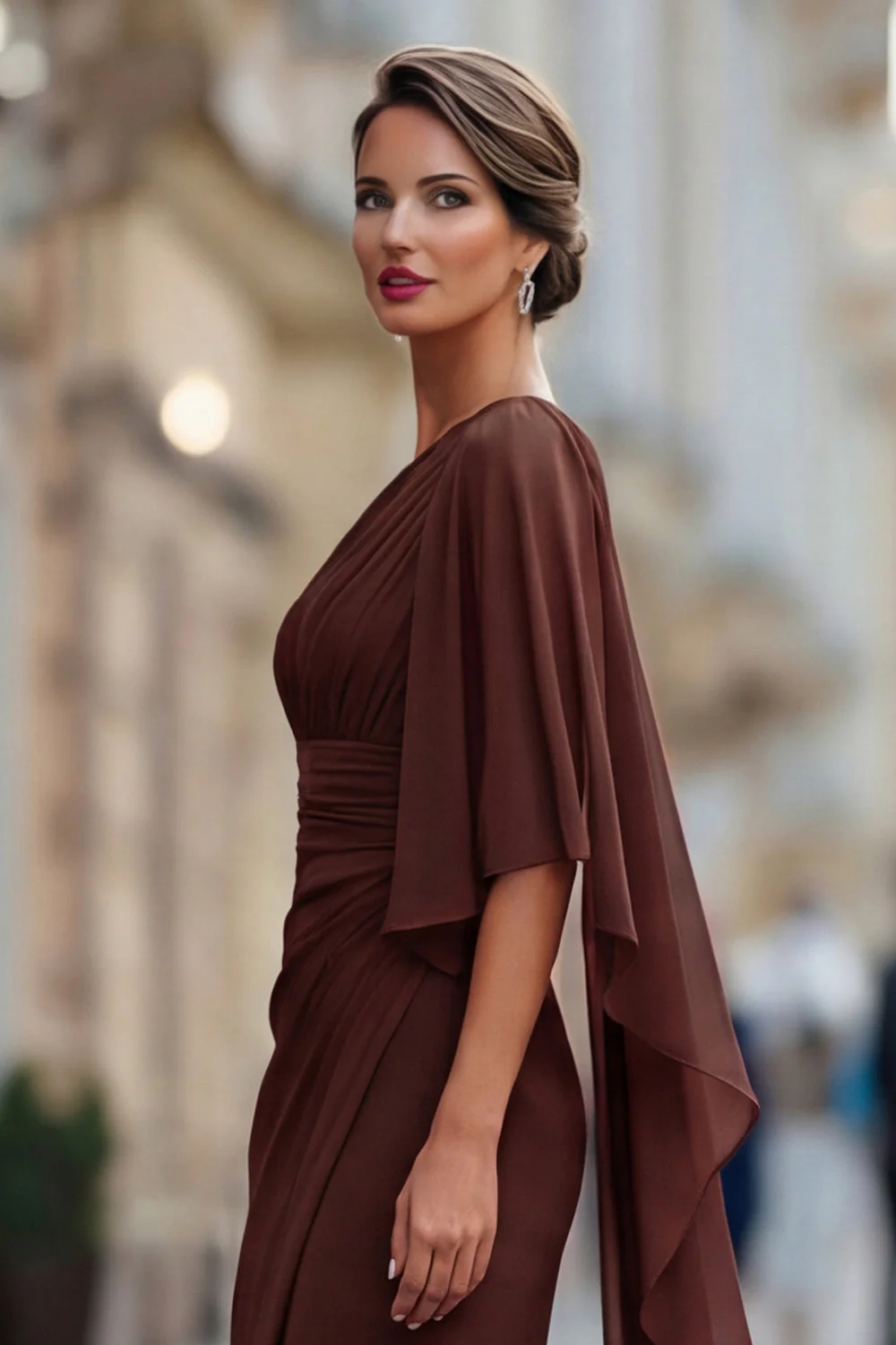 Robe de la mère de la mariée en mousseline en mousseline d’une épaule vert sauge avec manche - Image 17