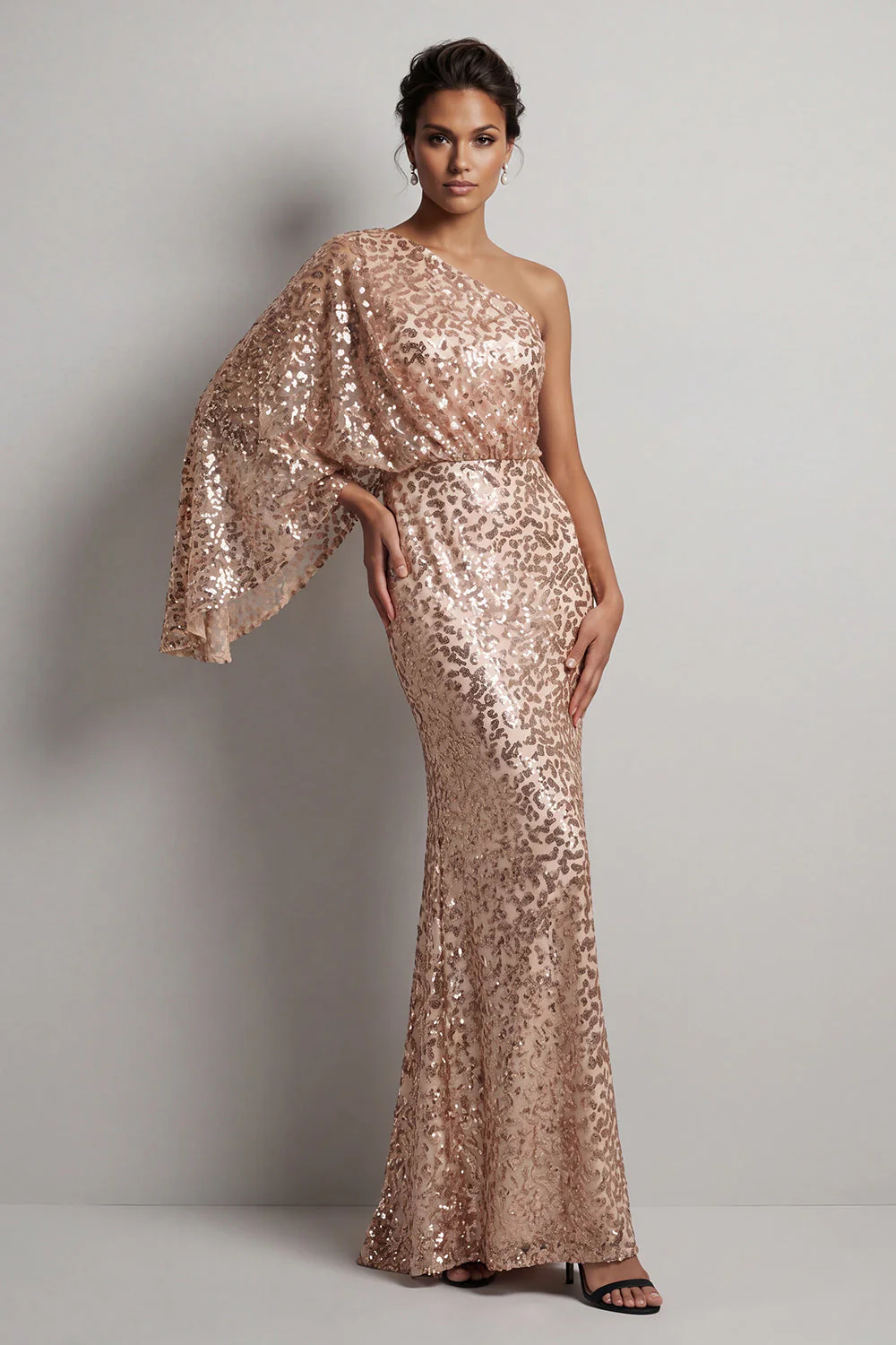 Robe de la mère de la mariée en paillettes champagne scintillante à une épaule longue avec manches