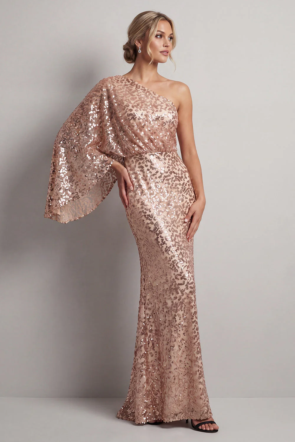 Robe de la mère de la mariée en paillettes champagne scintillante à une épaule longue avec manches - Image 3