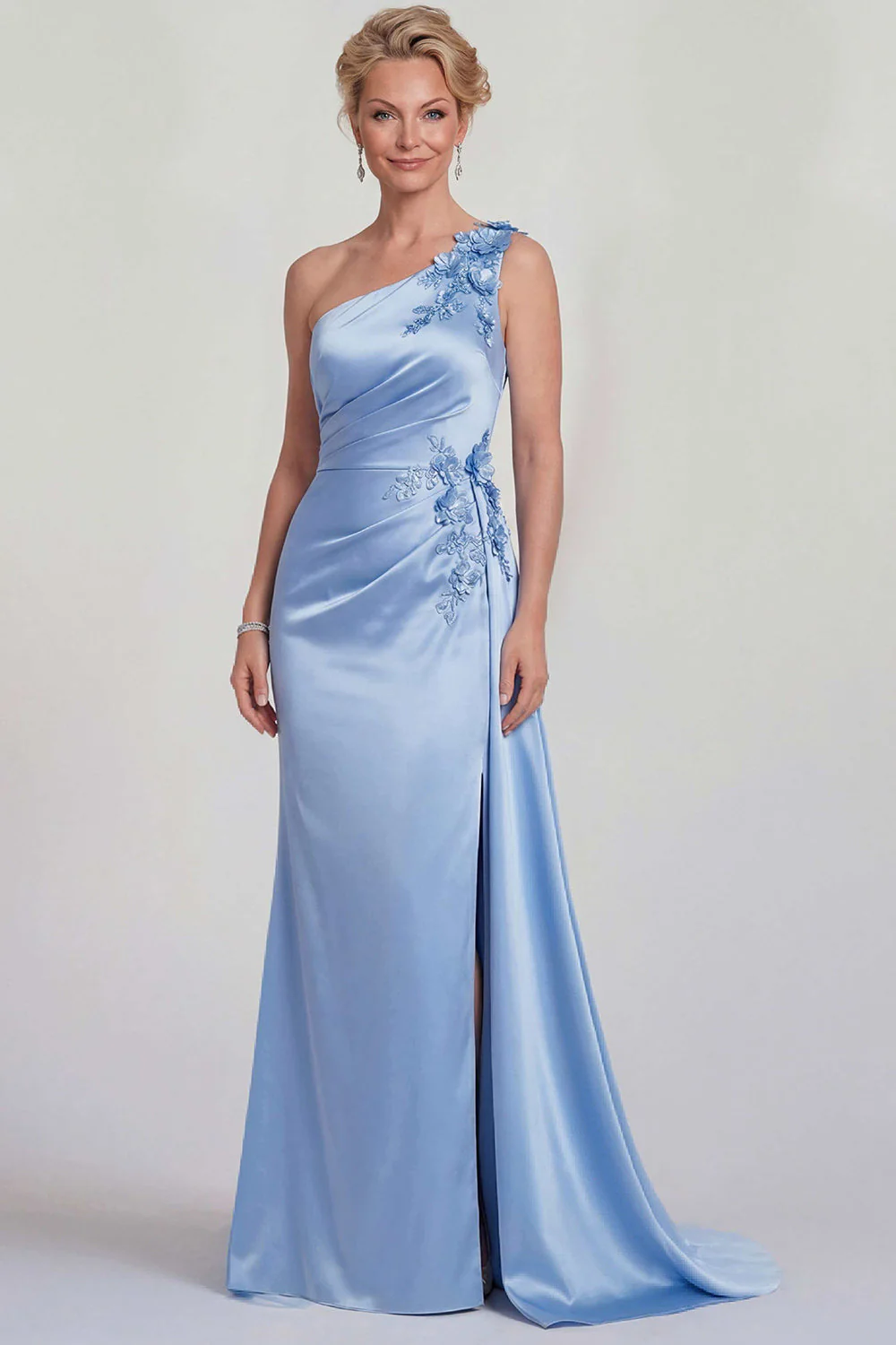 Robe de la mère de la mariée en satin appliquée sur une épaule en sirène bleue avec fente - Image 3