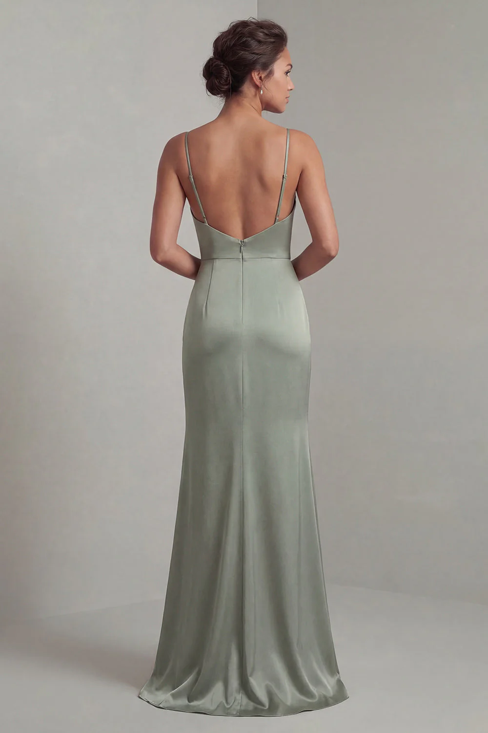 Robe de la mère de la mariée en satin vert clair avec une cape détachable - Image 5