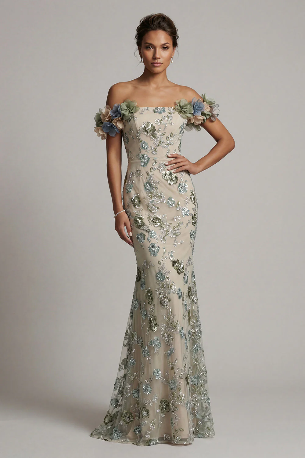 Robe de la mère de la mariée en sauge sauge dégagée à paillettes avec fleurs 3D