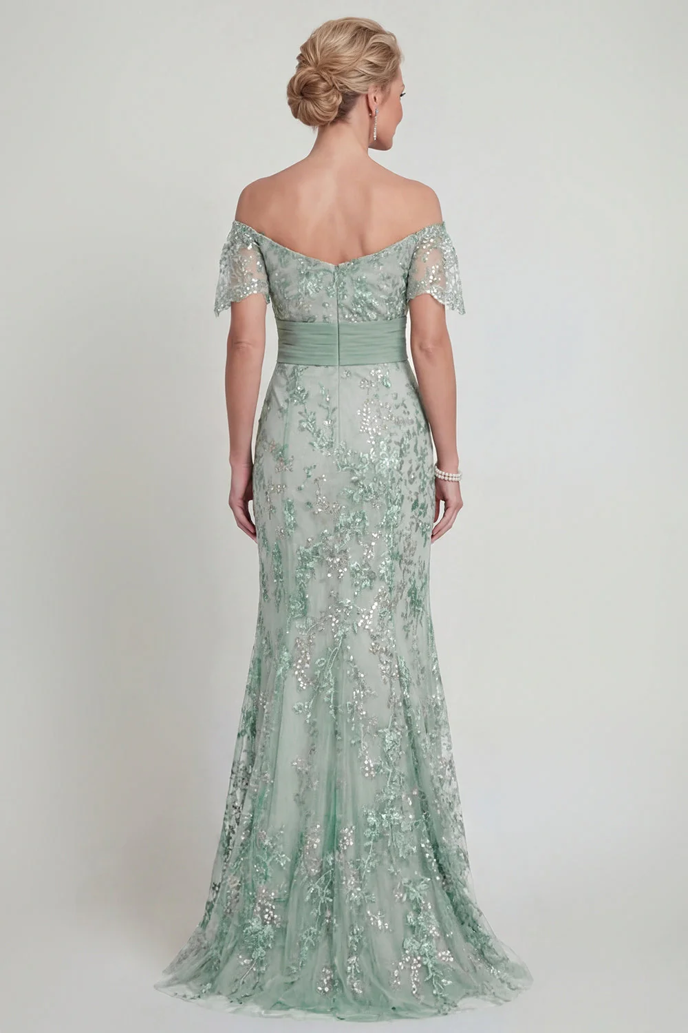 Robe de la mère de la mariée en sirène verte à paillettes dénudée avec broderies - Image 2