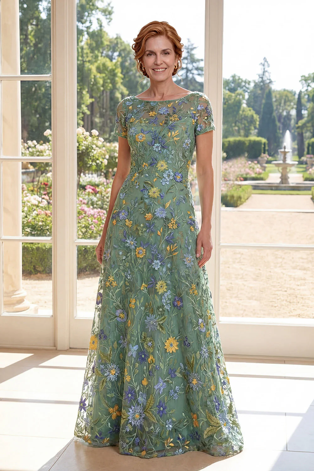 Robe de la mère de la mariée en tulle vert à col bateau brodée en tulle vert en ligne A