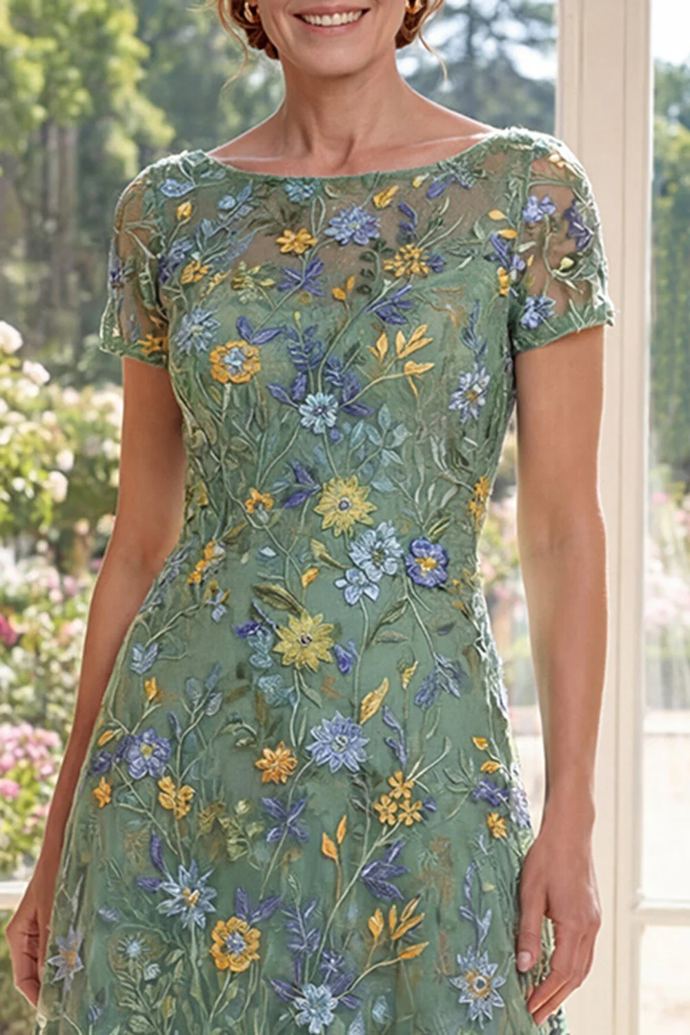 Robe de la mère de la mariée en tulle vert à col bateau brodée en tulle vert en ligne A - Image 3