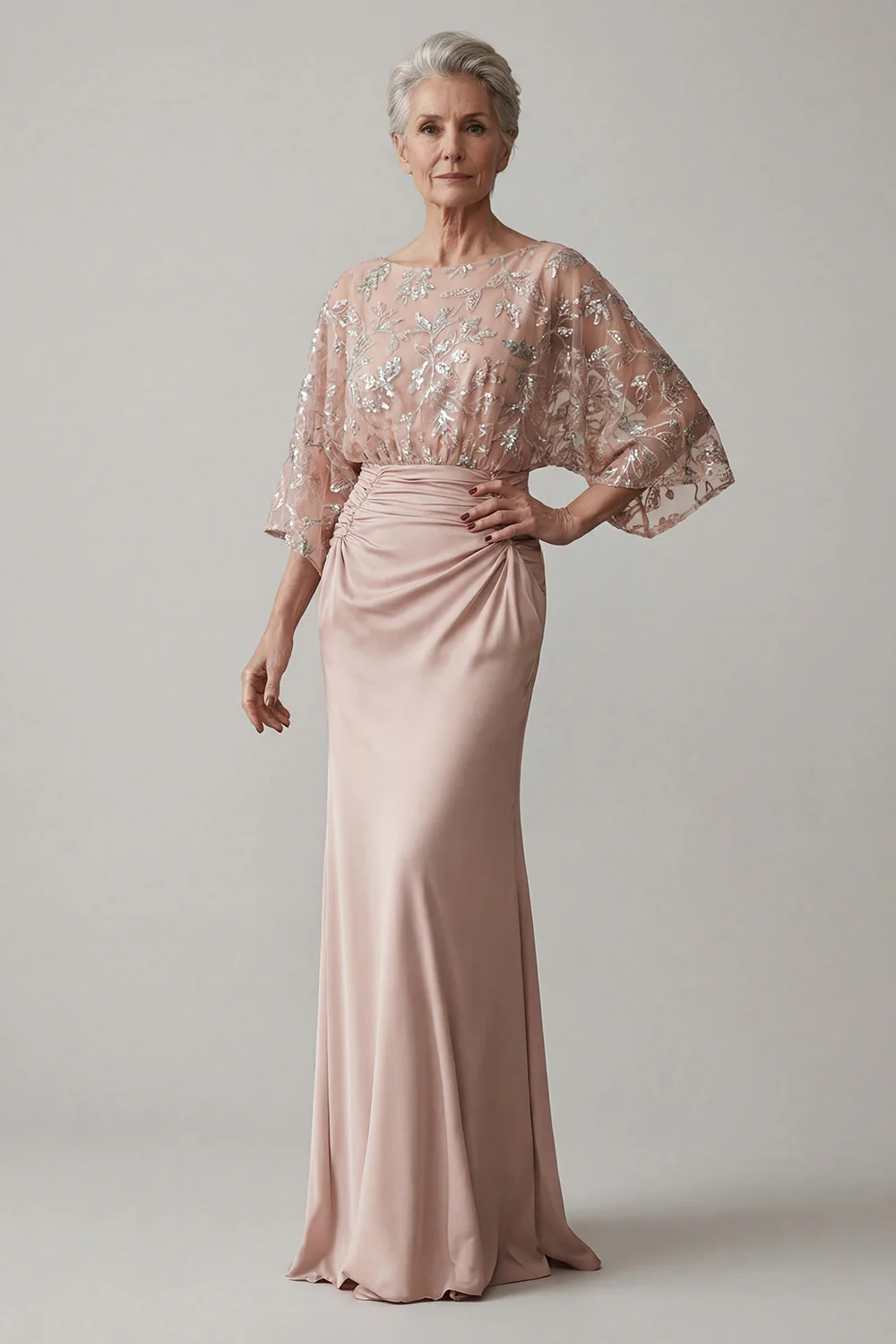 Robe de la mère de la mariée longue à col bateau à col bateau fleur scintillant perlée