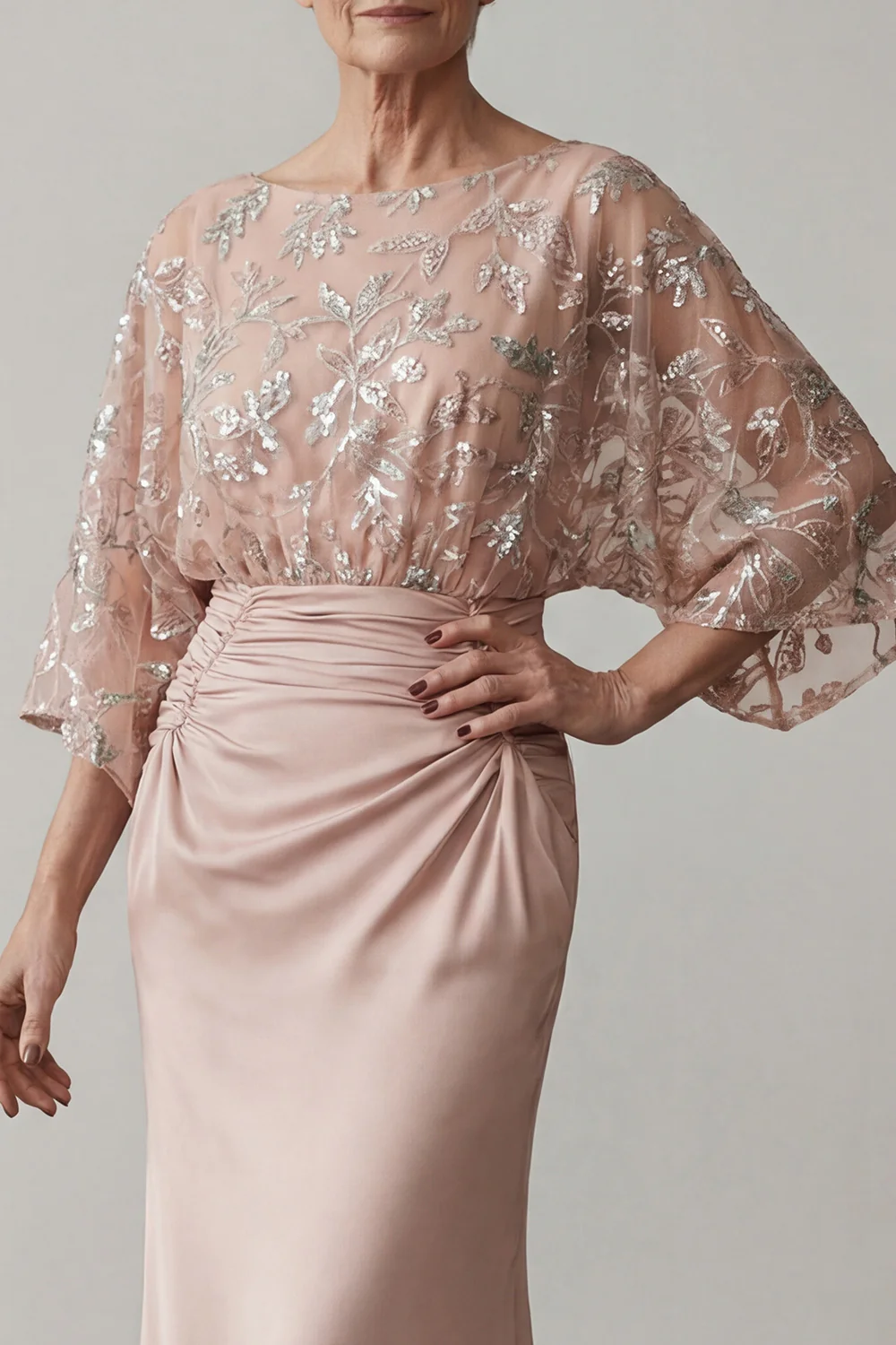 Robe de la mère de la mariée longue à col bateau à col bateau fleur scintillant perlée - Image 3