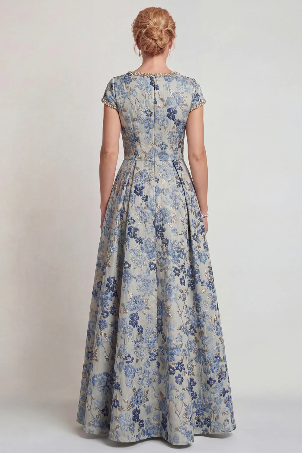 Robe de la mère de la mariée longue à col rond à col rond bleu avec manches - Image 2