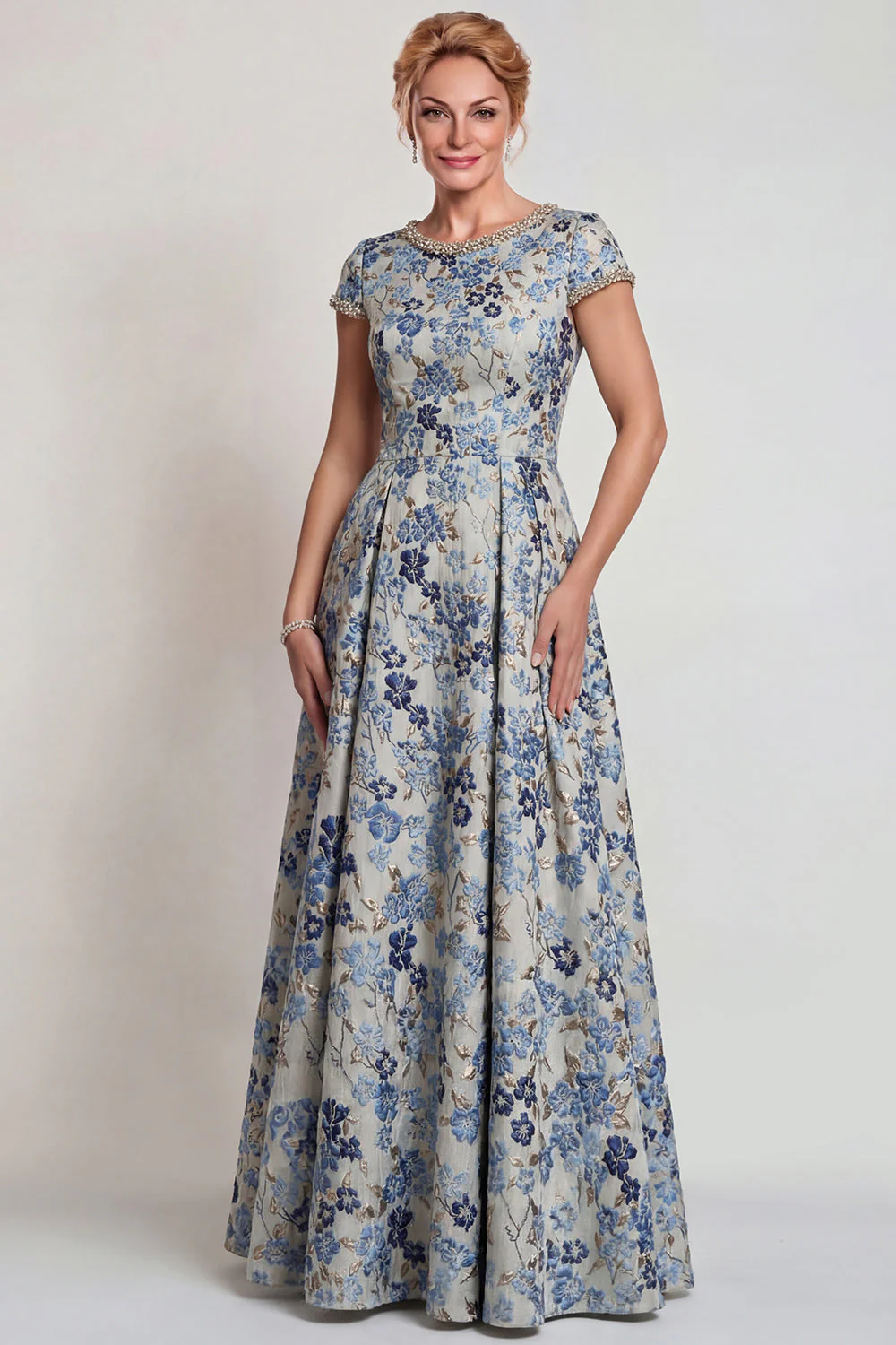 Robe de la mère de la mariée longue à col rond à col rond bleu avec manches - Image 3