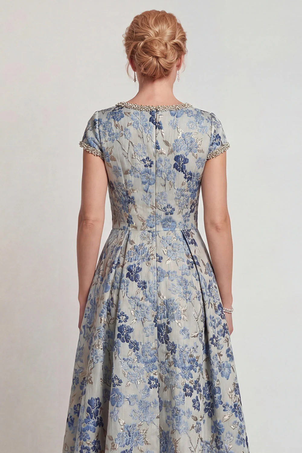 Robe de la mère de la mariée longue à col rond à col rond bleu avec manches - Image 5