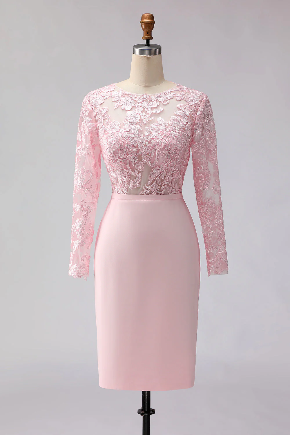 Robe de la mère de la mariée rose blush appliquée à écarts à col bateau midi avec manches