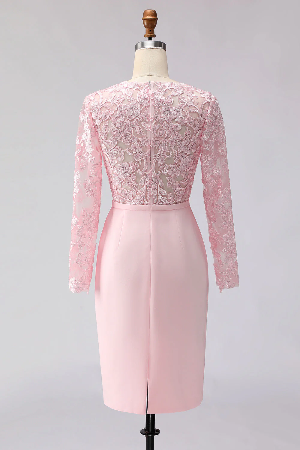 Robe de la mère de la mariée rose blush appliquée à écarts à col bateau midi avec manches - Image 2