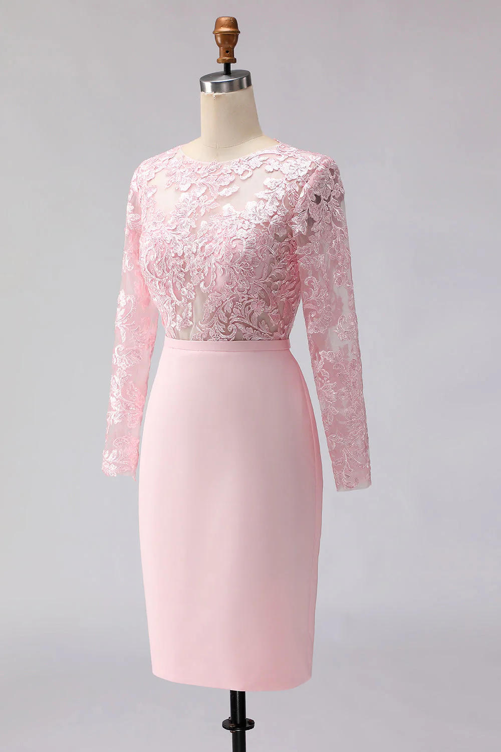 Robe de la mère de la mariée rose blush appliquée à écarts à col bateau midi avec manches - Image 5