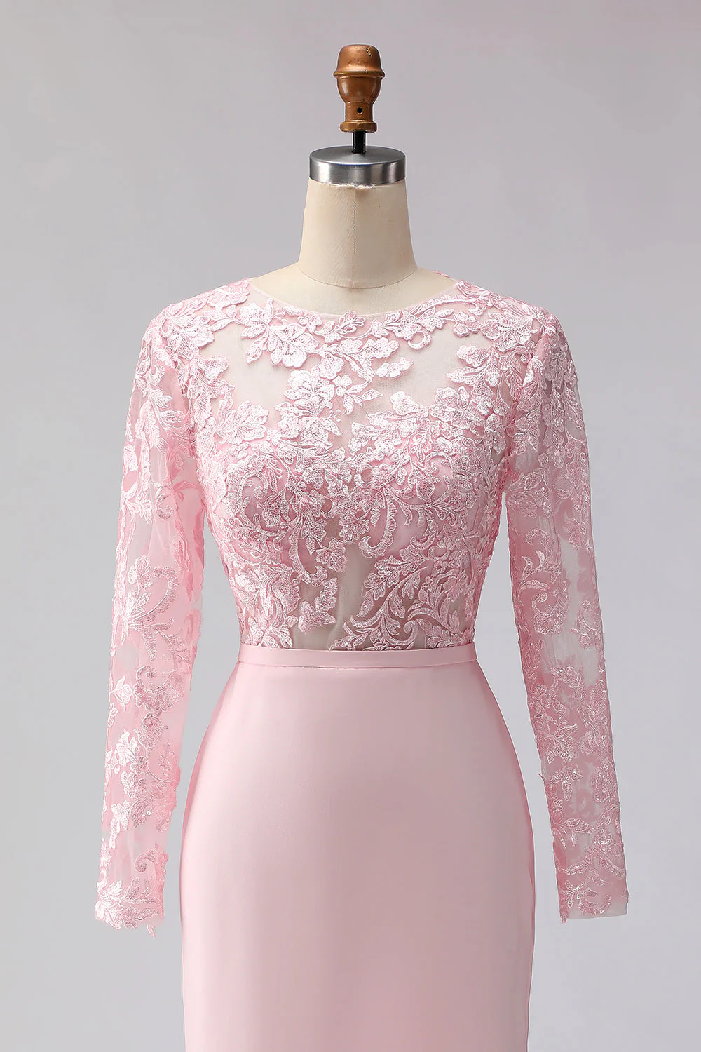 Robe de la mère de la mariée rose blush appliquée à écarts à col bateau midi avec manches - Image 6