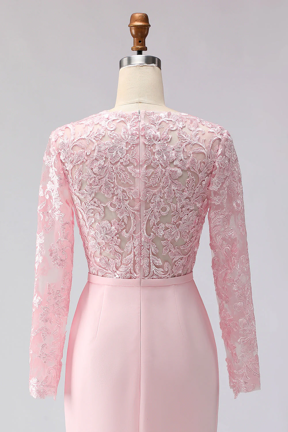 Robe de la mère de la mariée rose blush appliquée à écarts à col bateau midi avec manches - Image 8