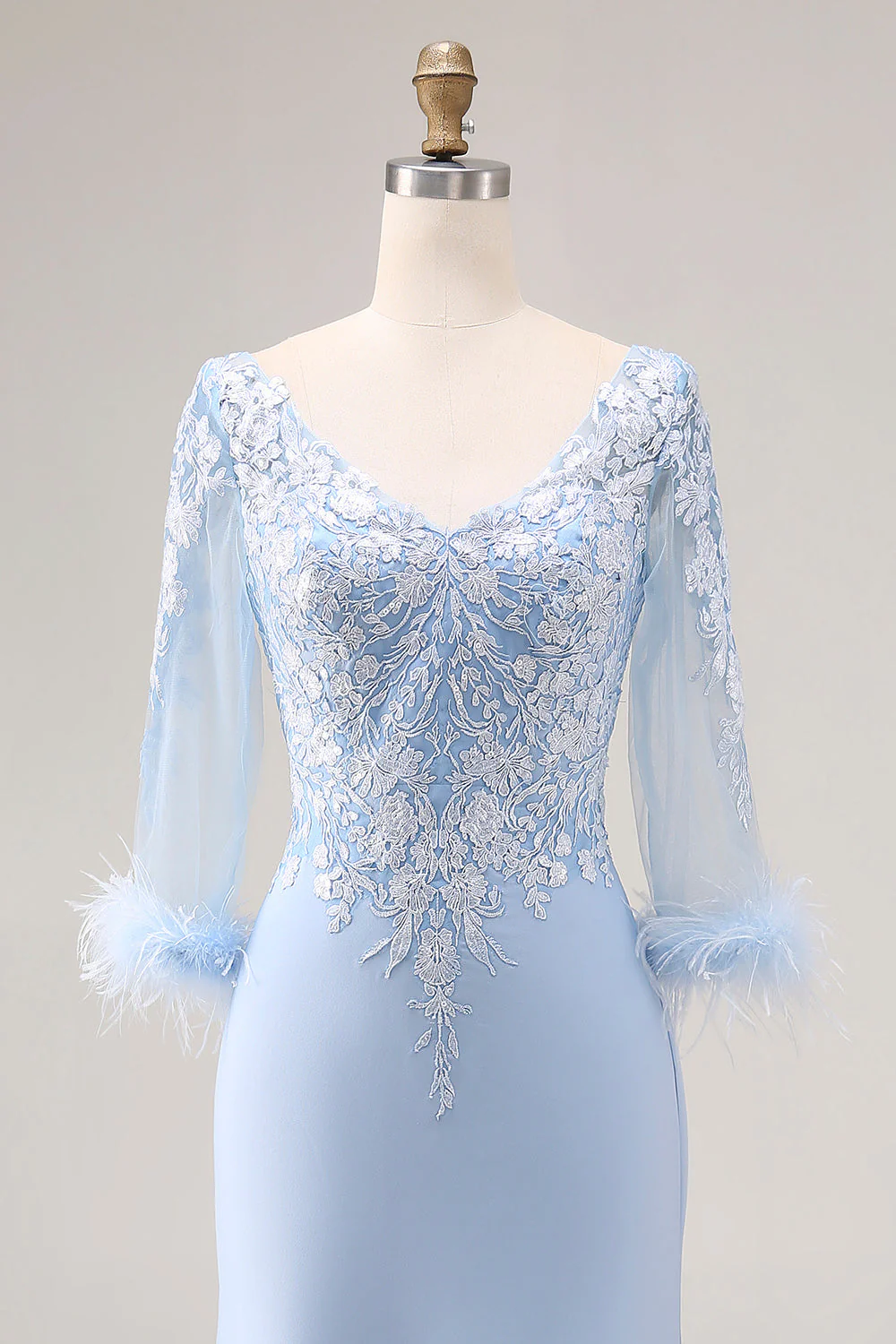 Robe de la mère de la mariée sirène à col V bleu ciel avec manches - Image 4