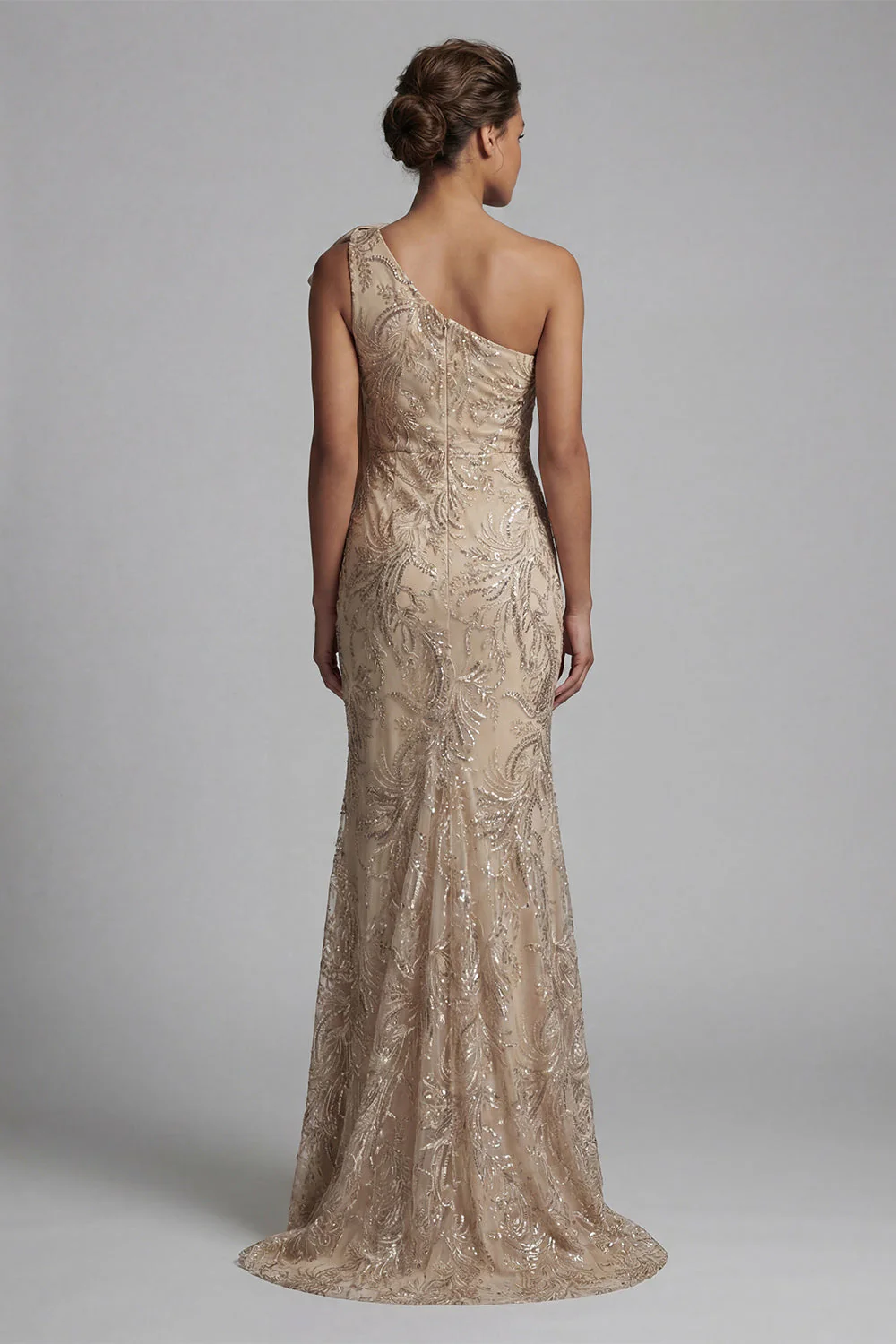 Robe de la mère de la mariée sirène à une épaule appliquée au champagne - Image 2