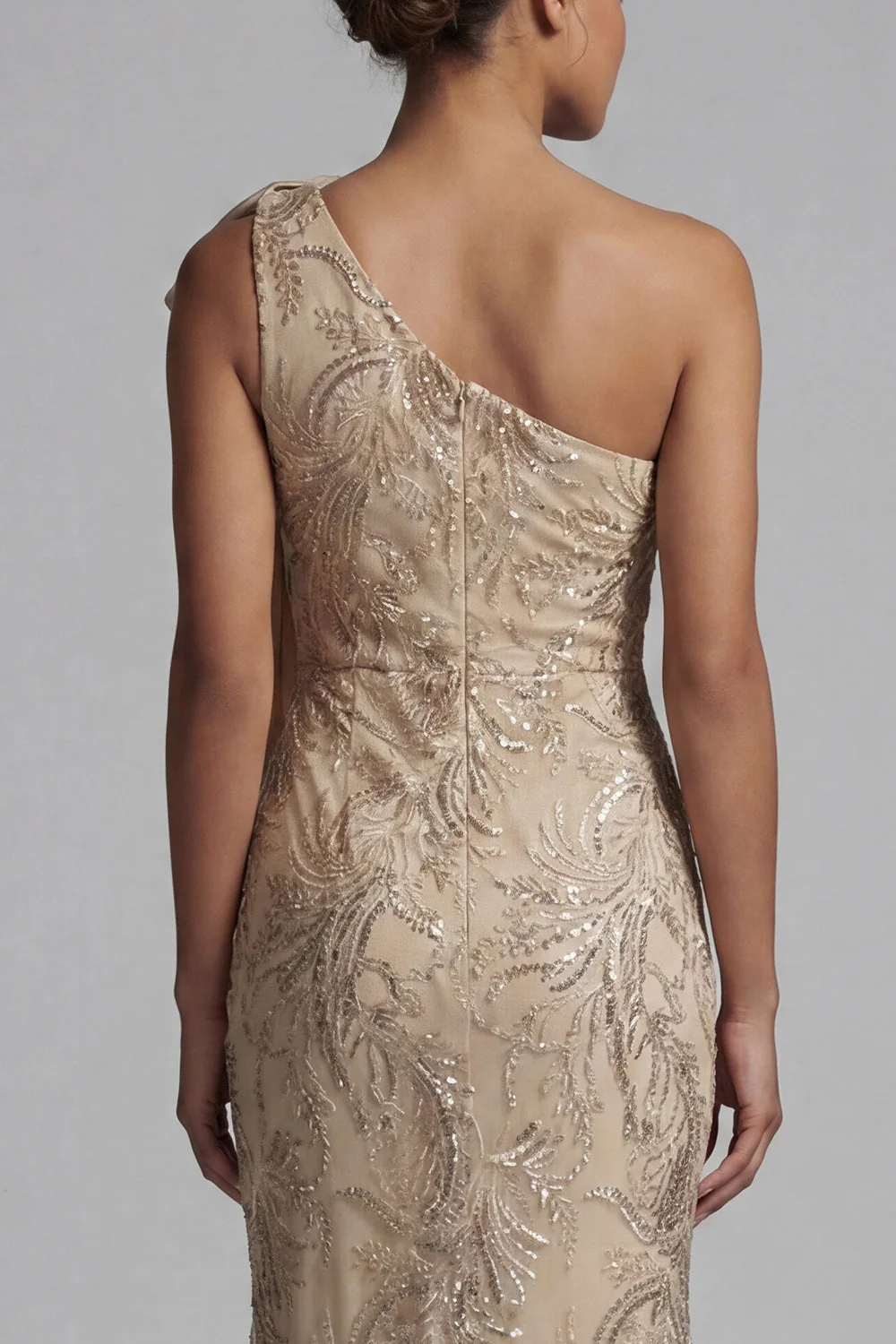 Robe de la mère de la mariée sirène à une épaule appliquée au champagne - Image 5