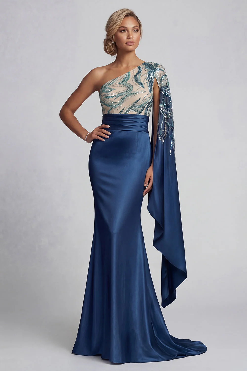 Robe de la mère de la mariée sirène marine à une épaule avec manches cape - Image 3