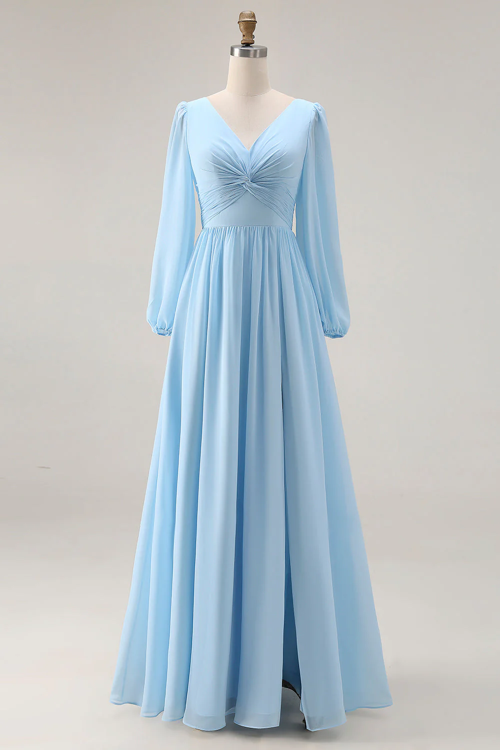 Robe de mariage bleu ciel à cheval à manches longues à col en V à fête