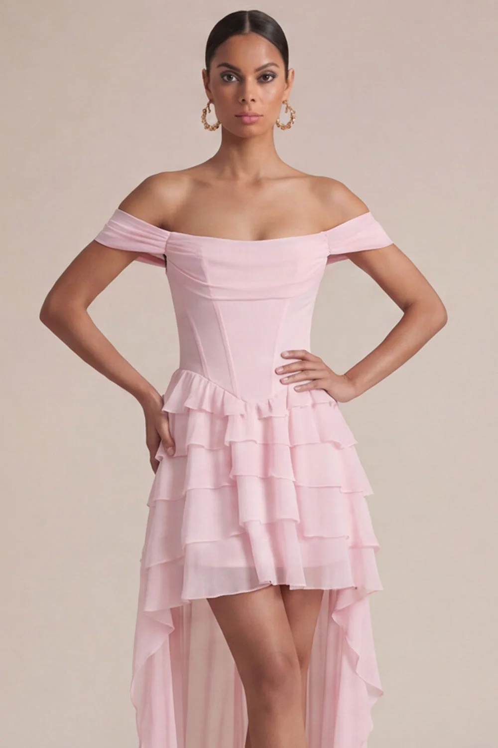 Robe de mariage corset rose à volants à volants dénudé - Image 3