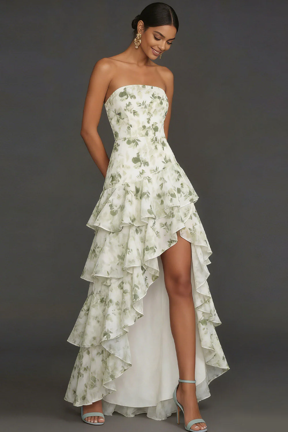 Robe de mariage de mariage verte à volants hauts bas - Image 3