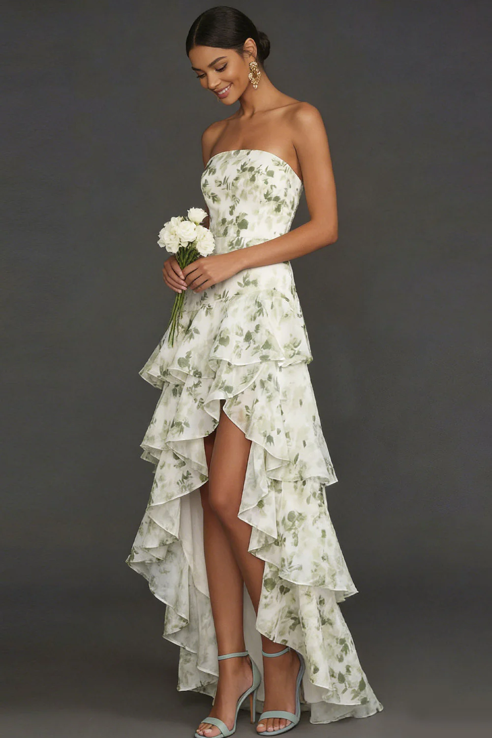 Robe de mariage de mariage verte à volants hauts bas - Image 4