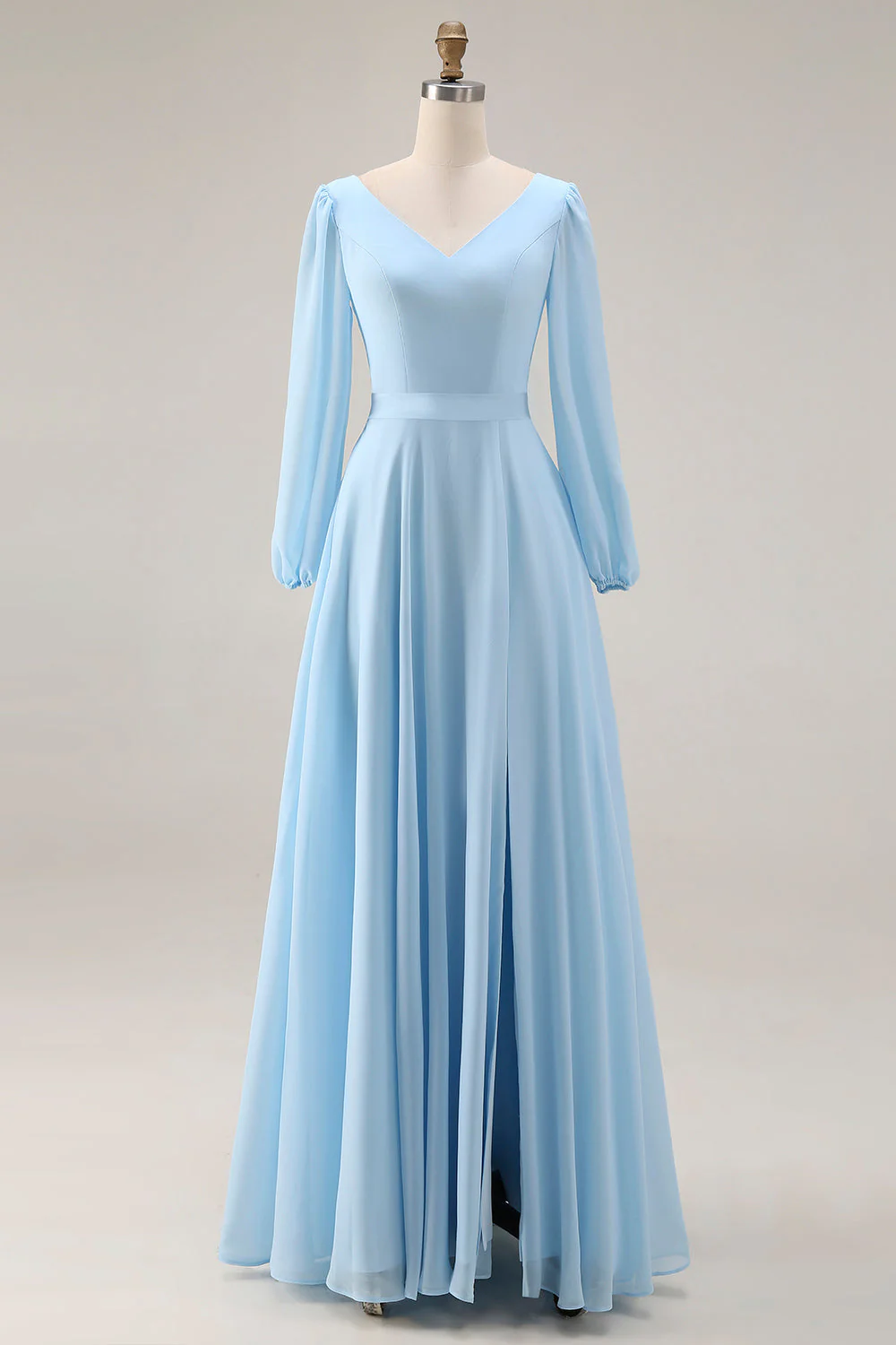 Robe de mariage longue robe de mariage en chiffon bleu ciel, ligne en V et encolure longue avec fente