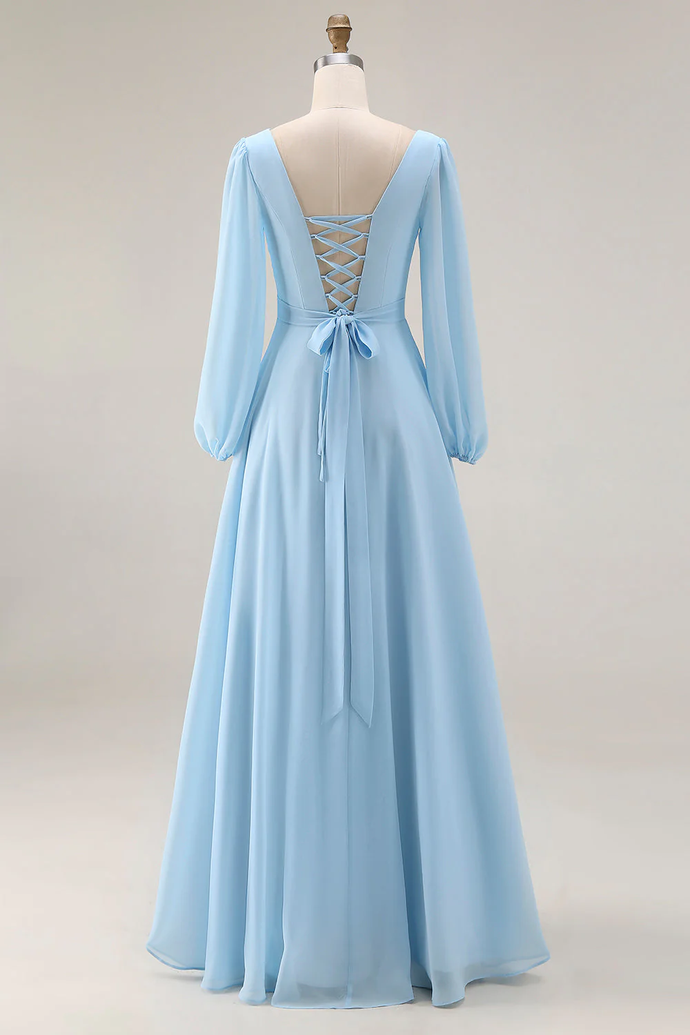 Robe de mariage longue robe de mariage en chiffon bleu ciel, ligne en V et encolure longue avec fente - Image 2