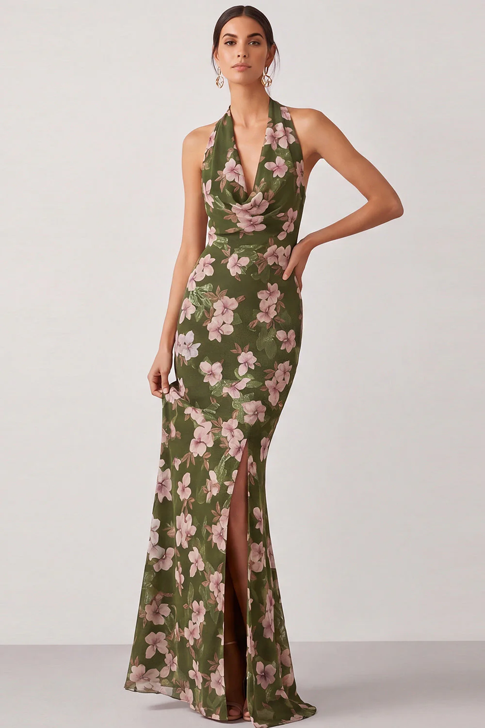 Robe de mariage Maxi Floral Rose de mariage sirène à col à col à tête haute avec fente - Image 3