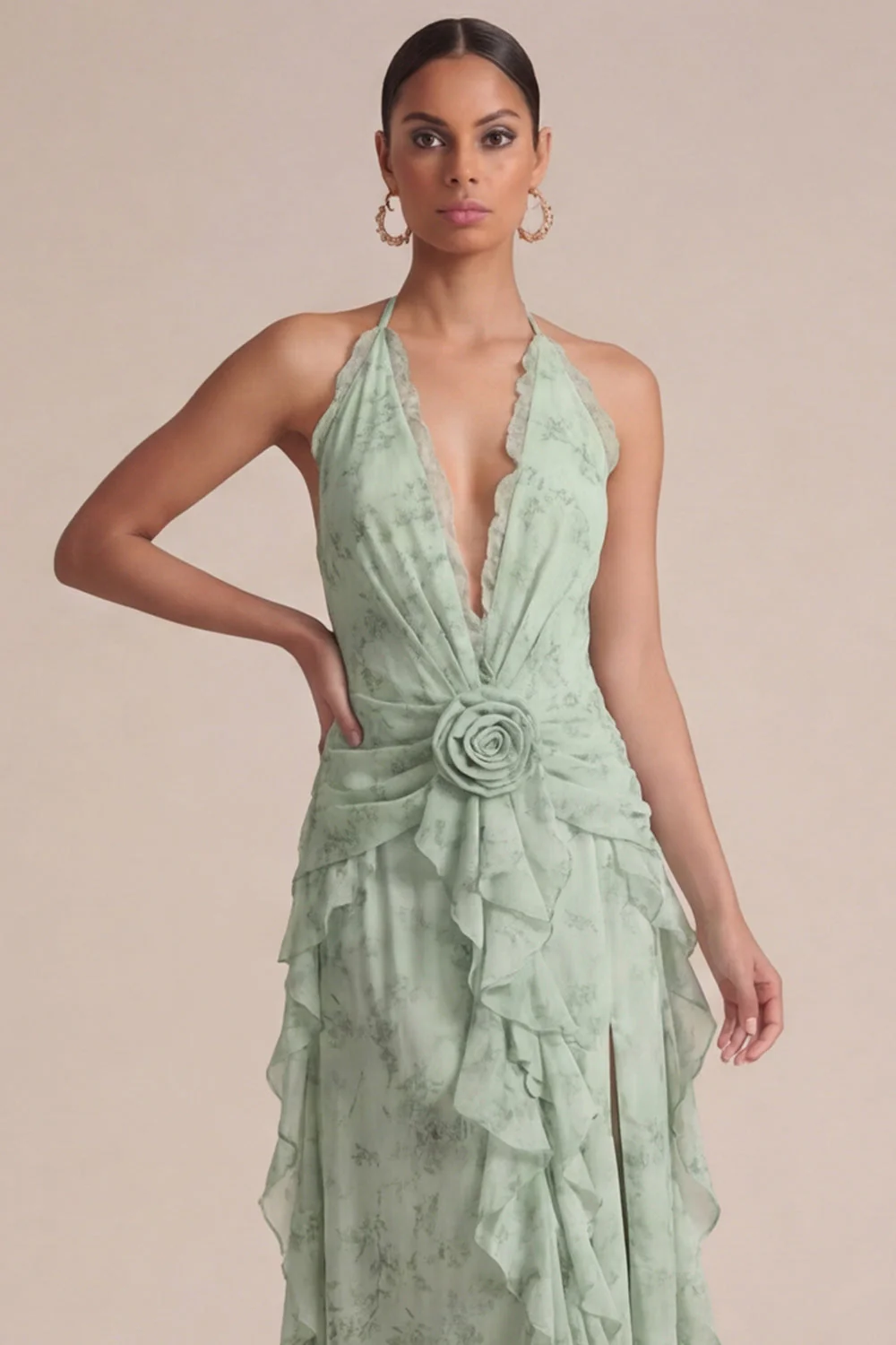 Robe de mariage Midi à volants imprimée Sage Halter avec fleurs 3D - Image 4