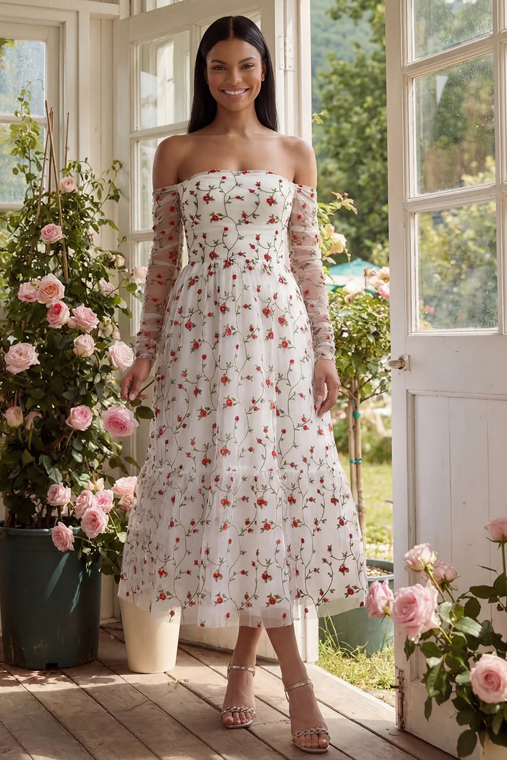 Robe de mariage midi bretelles en ligne A en fleur ivoire avec manches transparentes - Image 3