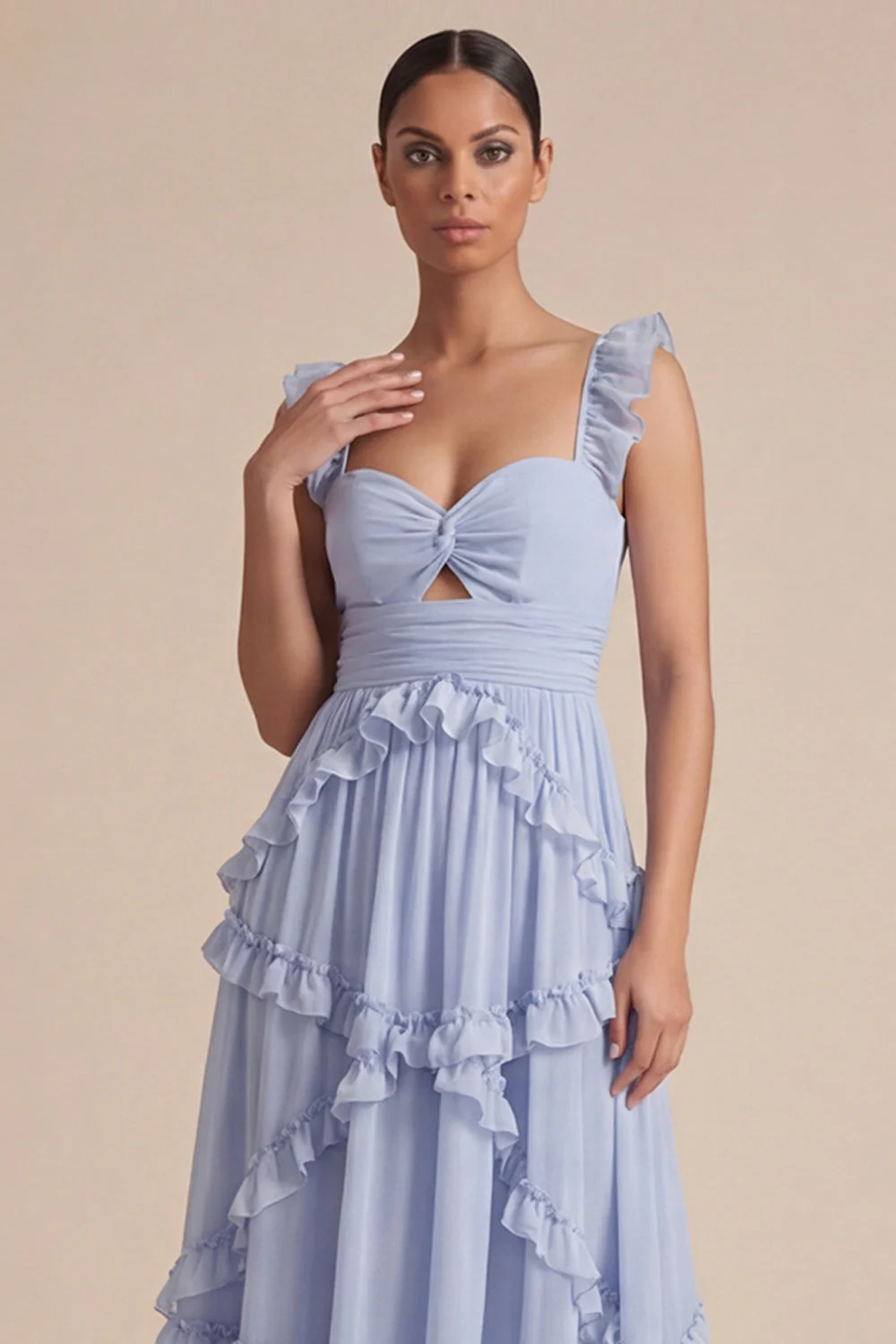 Robe de mariage midi découpée à volants bleu clair - Image 3