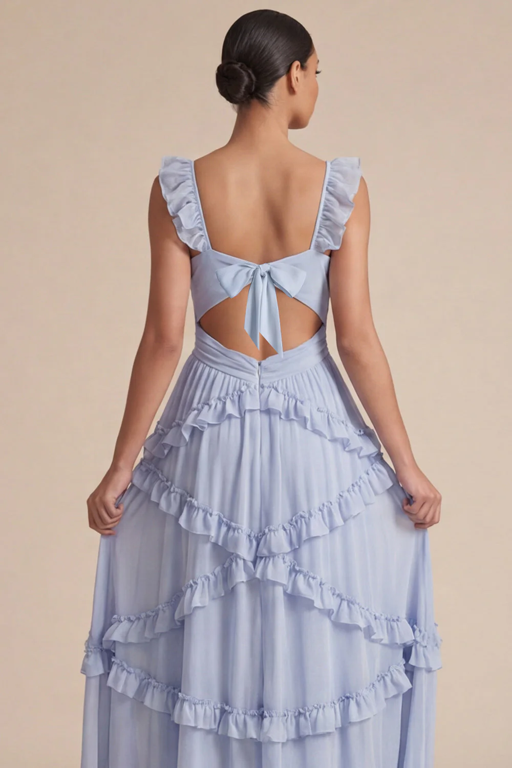 Robe de mariage midi découpée à volants bleu clair - Image 4
