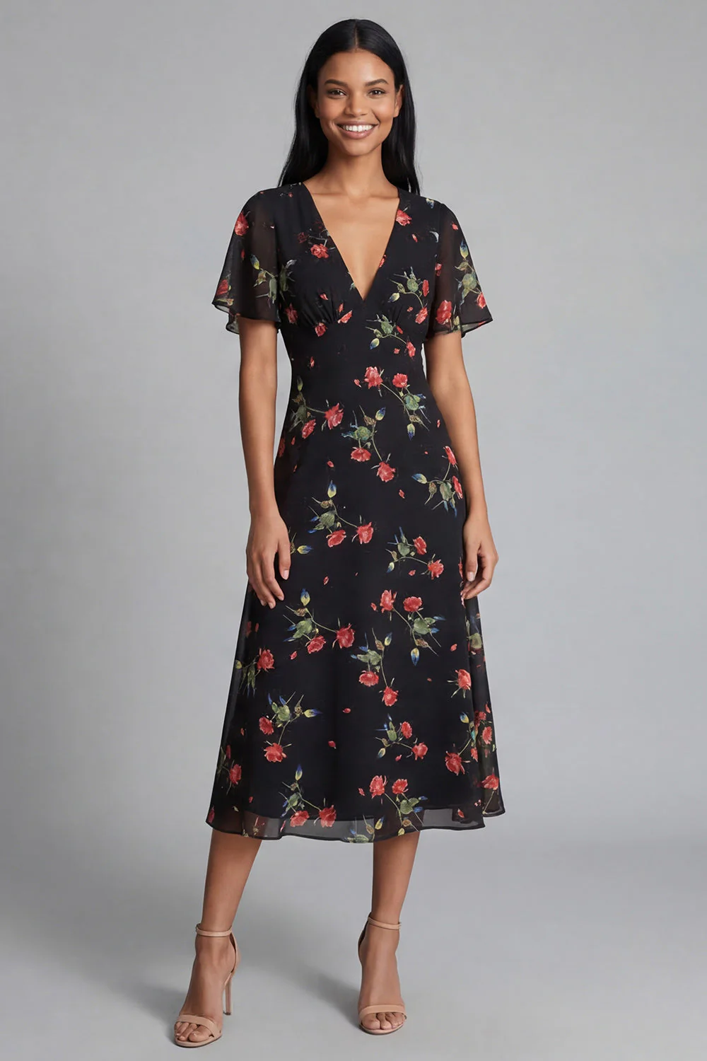 Robe de mariage midi en chiffon à cheval noir rouge à col en V avec manches courtes - Image 2