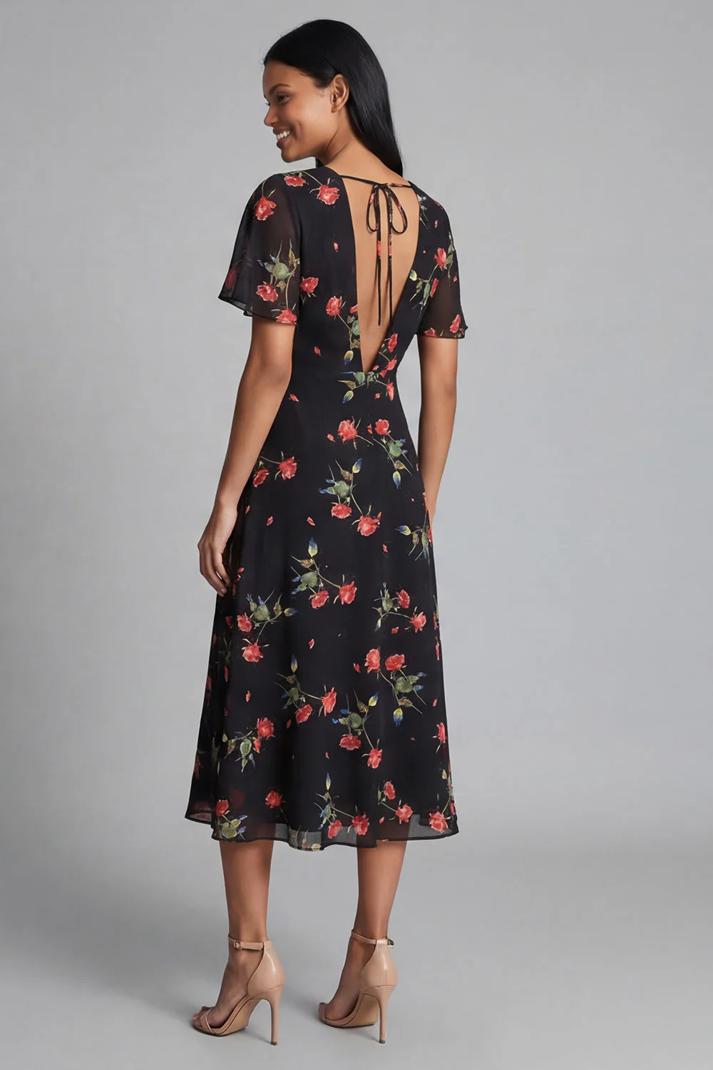 Robe de mariage midi en chiffon à cheval noir rouge à col en V avec manches courtes - Image 3
