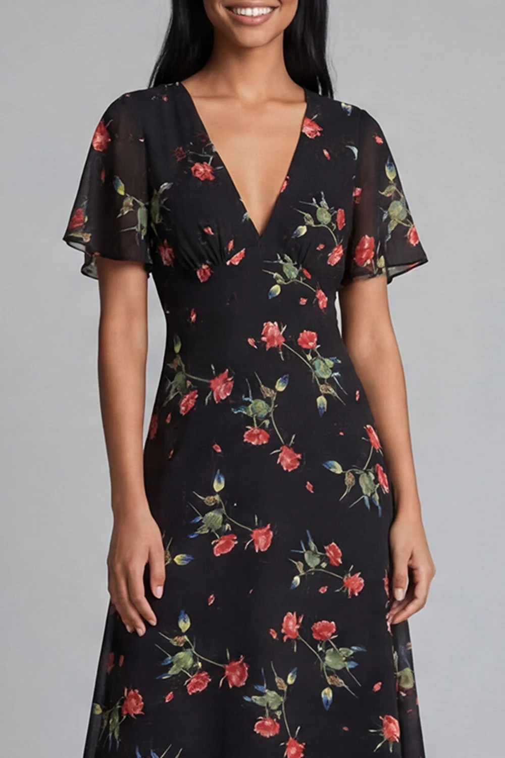 Robe de mariage midi en chiffon à cheval noir rouge à col en V avec manches courtes - Image 4
