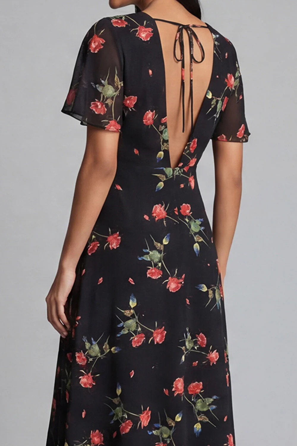 Robe de mariage midi en chiffon à cheval noir rouge à col en V avec manches courtes - Image 5