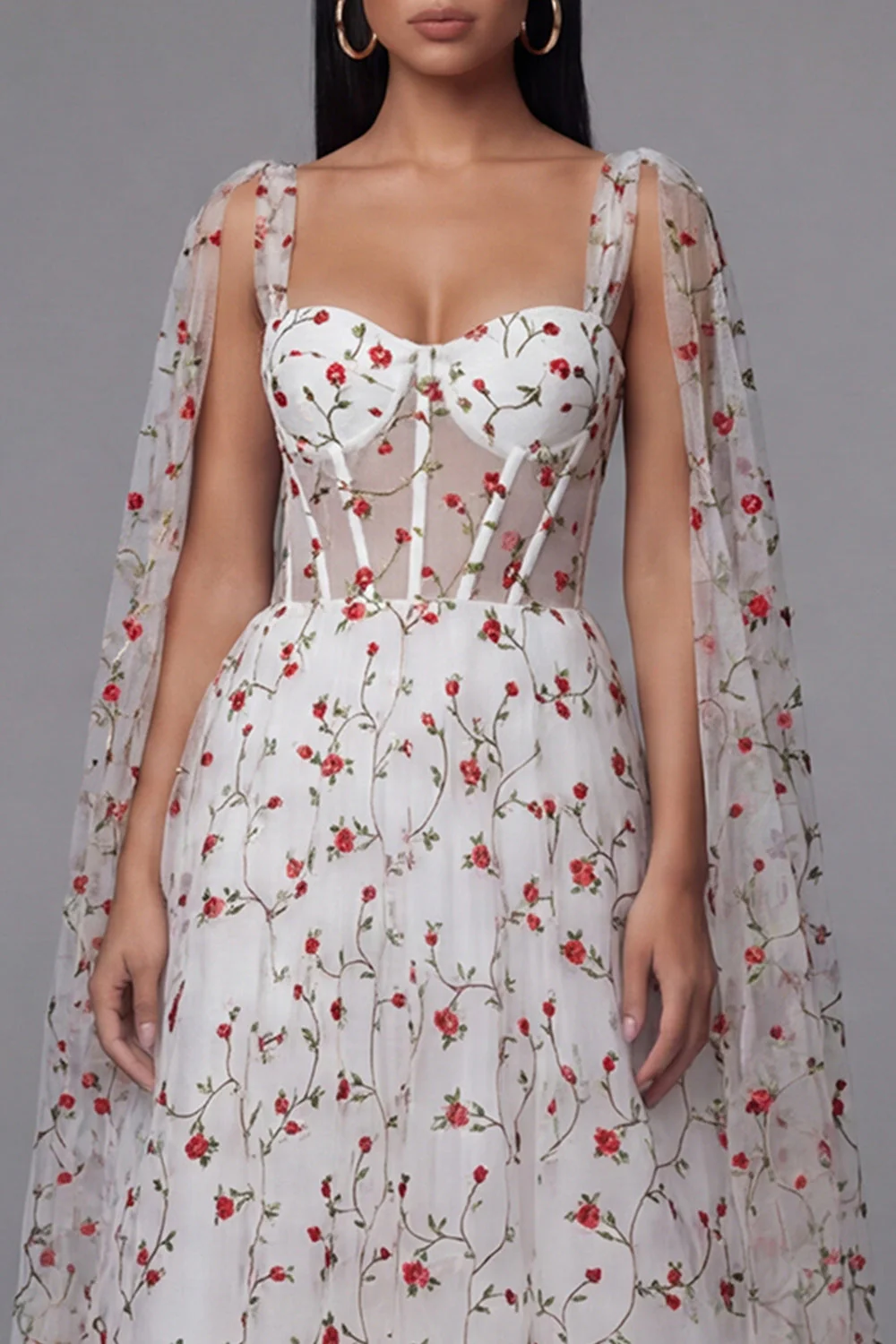 Robe de mariage midi en Corset transparent en fleur rouge ivoire - Image 4