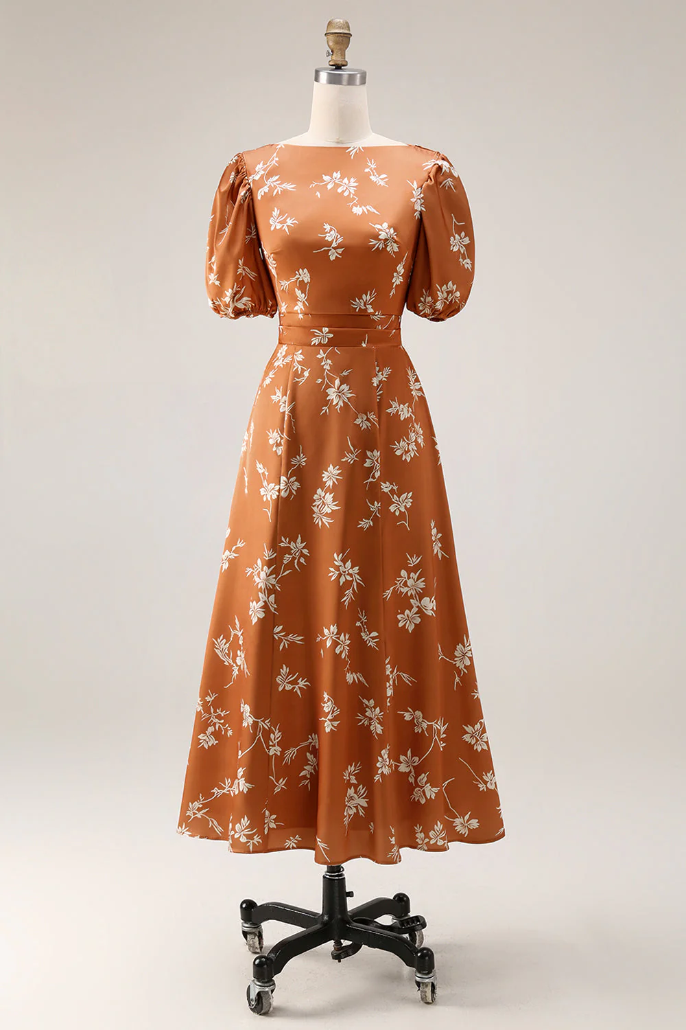 Robe de mariage Midi imprimée à motifs floraux orange avec manches
