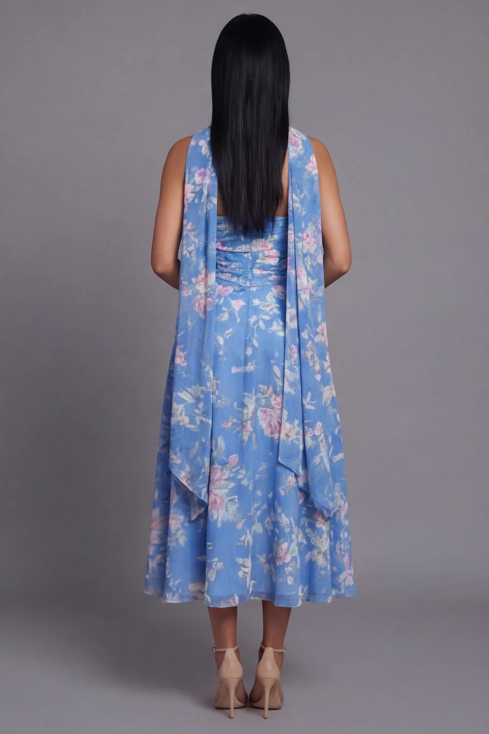 Robe de mariage Midi Midi à motifs de mariage en chiffon bleu à motifs floraux fourreau et écharpe - Image 3