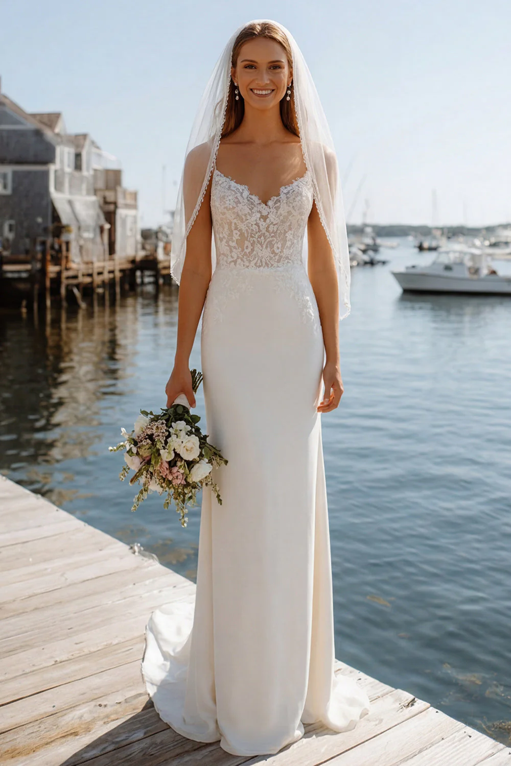 Robe de mariée à bretelles fines appliquées en écrou ivoire avec traîne en balayage
