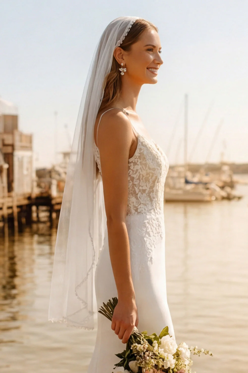Robe de mariée à bretelles fines appliquées en écrou ivoire avec traîne en balayage - Image 3