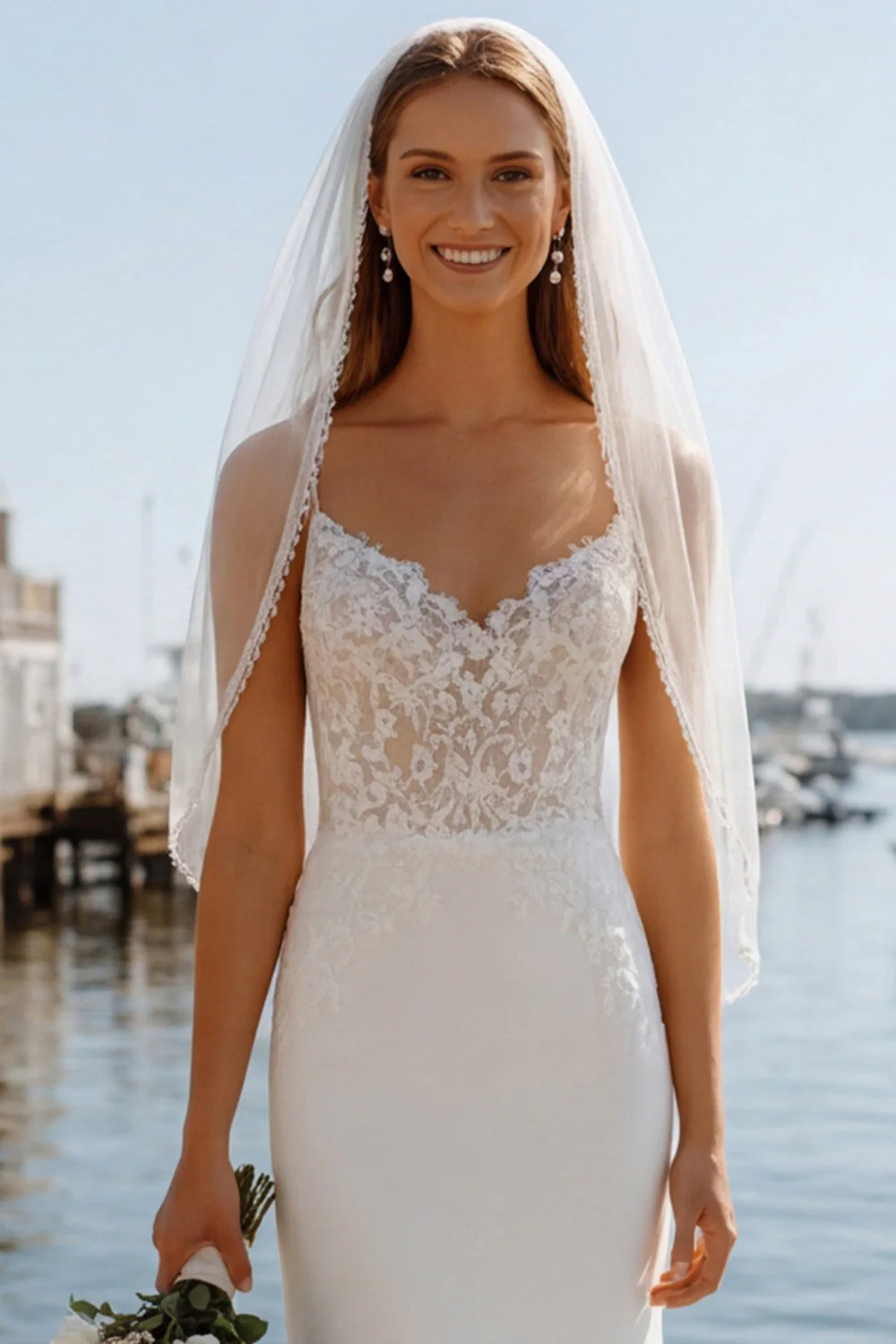 Robe de mariée à bretelles fines appliquées en écrou ivoire avec traîne en balayage - Image 4